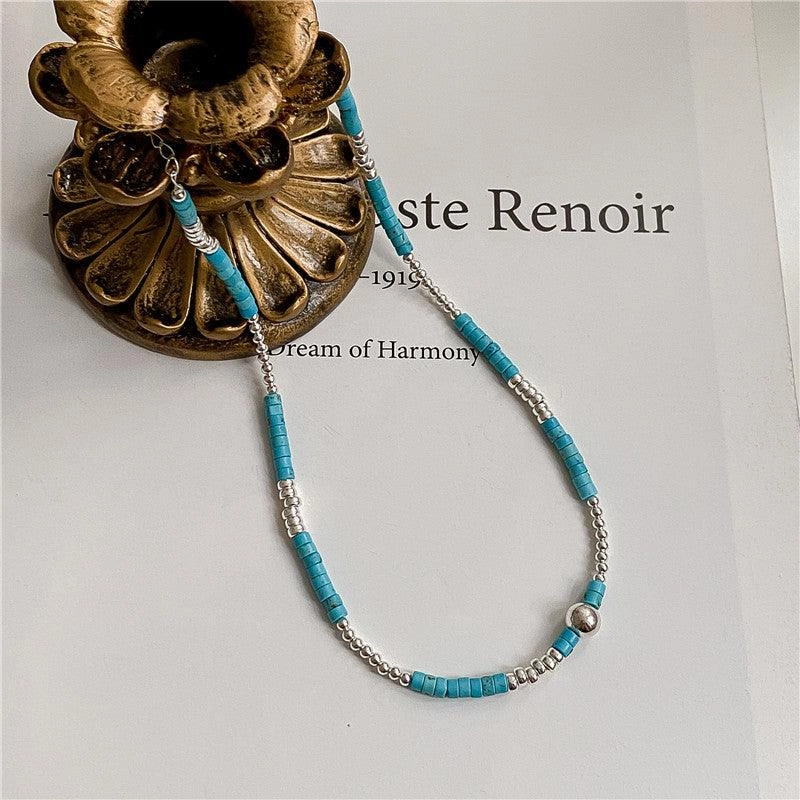 S925 Sterling Silver Turquoise Silver Bead Necklace Handmade