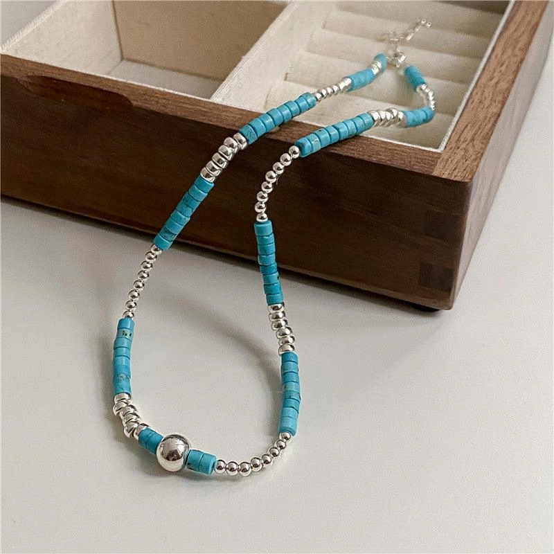 S925 Sterling Silver Turquoise Silver Bead Necklace Handmade