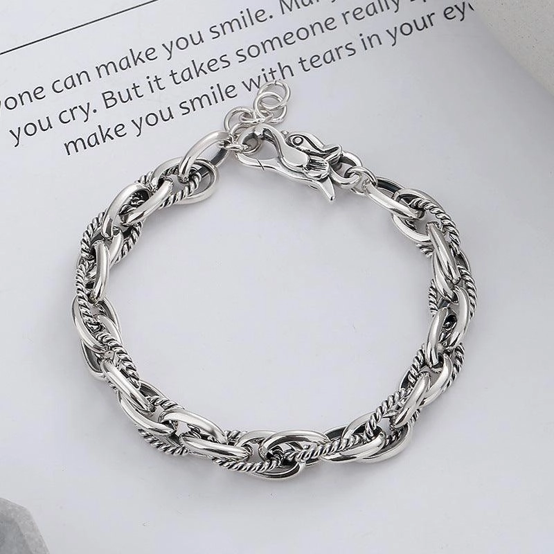 S925 Sterling Silver Vintage Heavy Work Hip Hop Stitching Twist Dragon Head Buckle Woven Bracelet