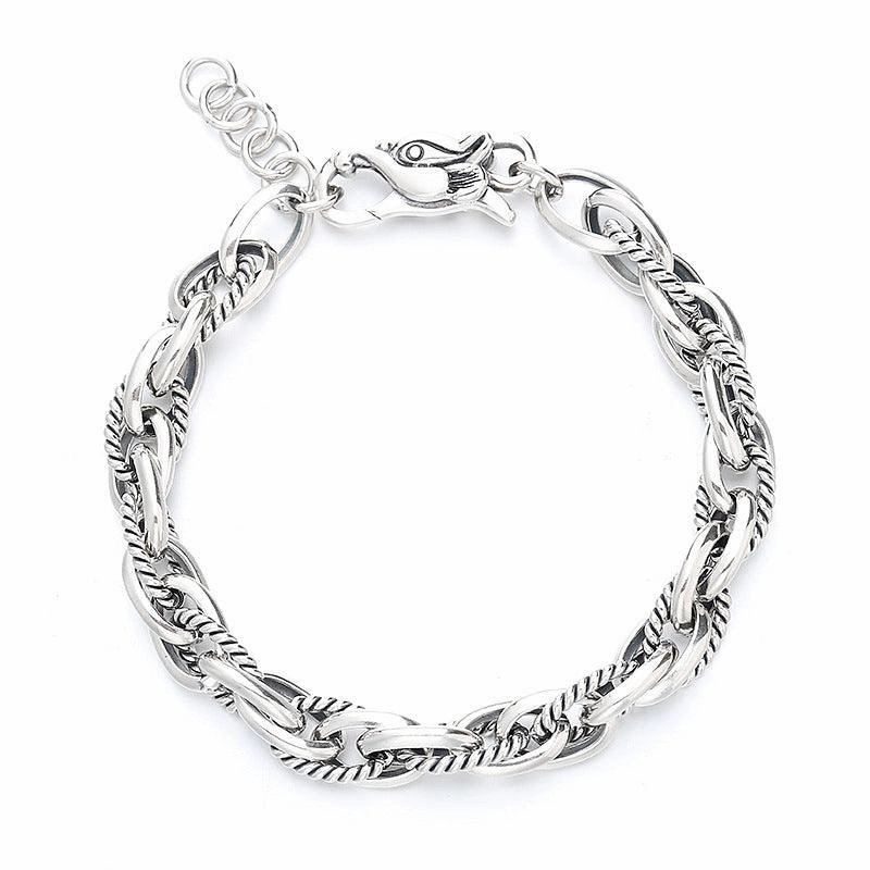 S925 Sterling Silver Vintage Heavy Work Hip Hop Stitching Twist Dragon Head Buckle Woven Bracelet