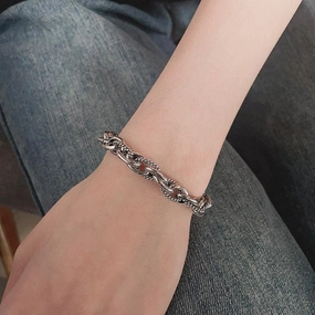 S925 Sterling Silver Vintage Heavy Work Hip Hop Stitching Twist Dragon Head Buckle Woven Bracelet 