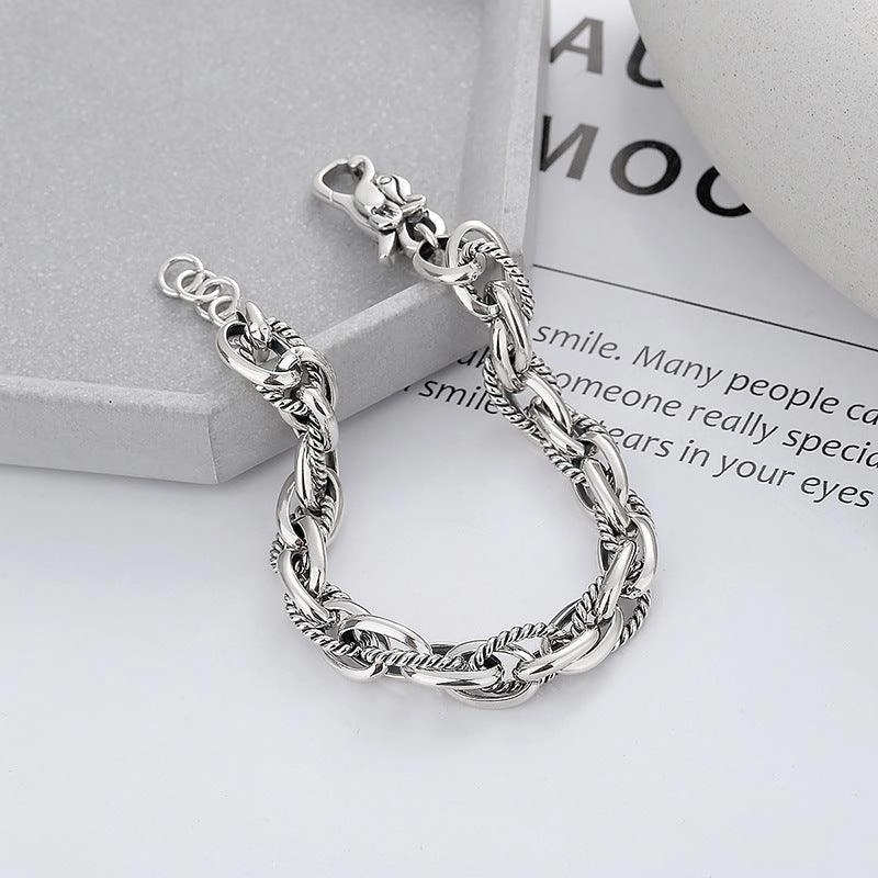 S925 Sterling Silver Vintage Heavy Work Hip Hop Stitching Twist Dragon Head Buckle Woven Bracelet