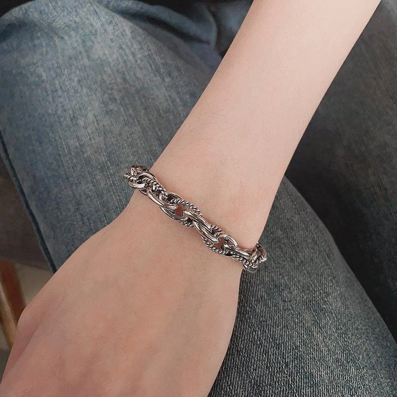 S925 Sterling Silver Vintage Heavy Work Hip Hop Stitching Twist Dragon Head Buckle Woven Bracelet 