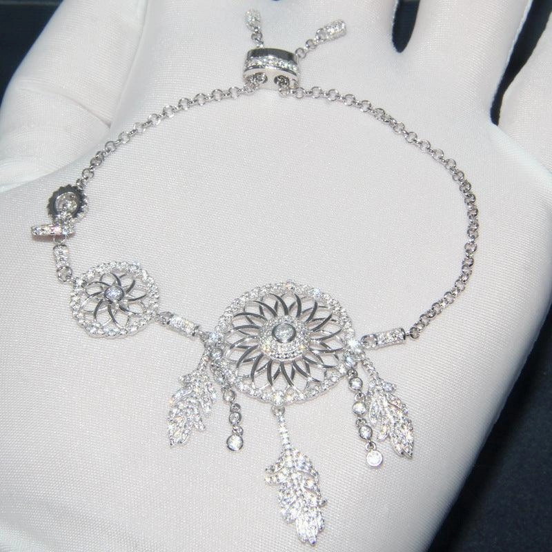 S925 Sterling Silver Women's Diamond Set Dream Catcher Bracelet 