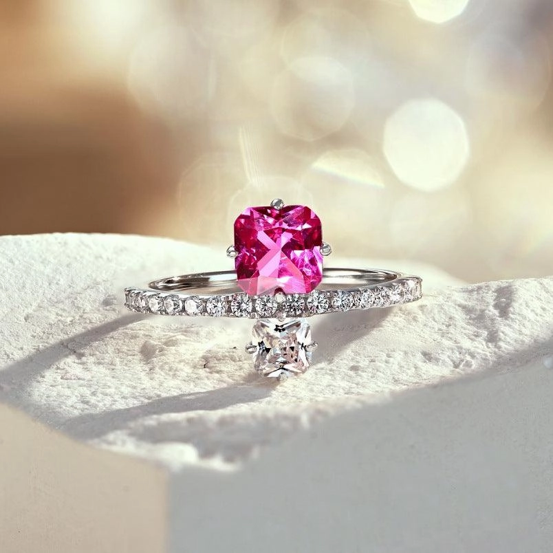 S925 Sterling Silver Women's Rose Red Square Zircon Ring