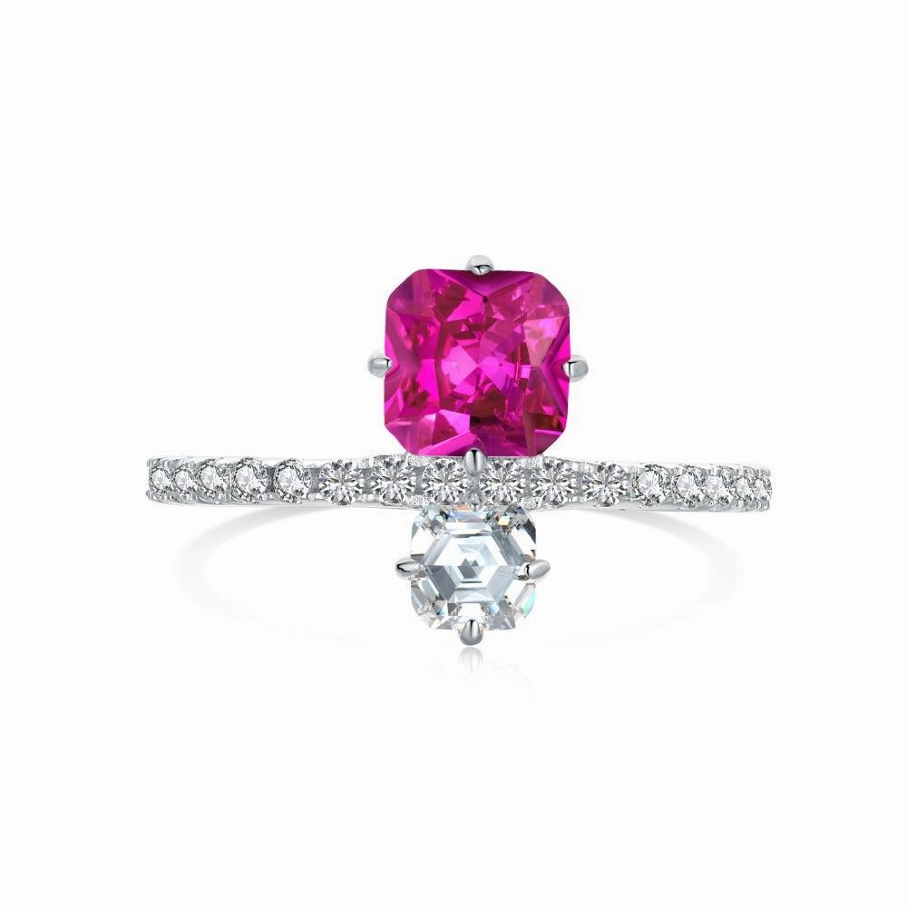 S925 Sterling Silver Women's Rose Red Square Zircon Ring