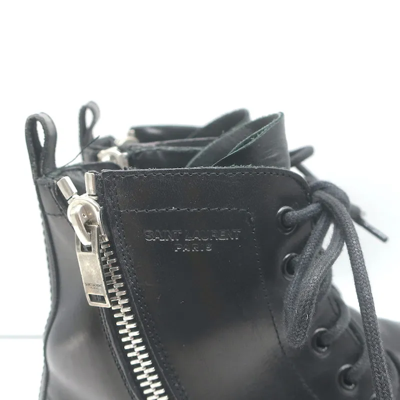 Saint Laurent Ranger Reißverschluss Kampfstiefel Schwarzes Leder Größe 38.5 Flache Knöchelstiefel