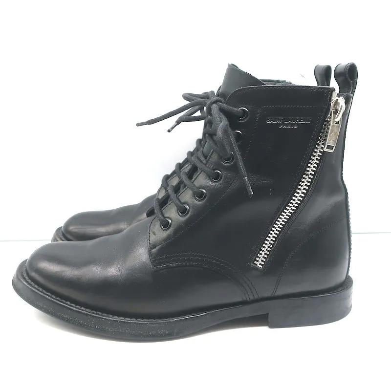 Saint Laurent Ranger Reißverschluss Kampfstiefel Schwarzes Leder Größe 38.5 Flache Knöchelstiefel