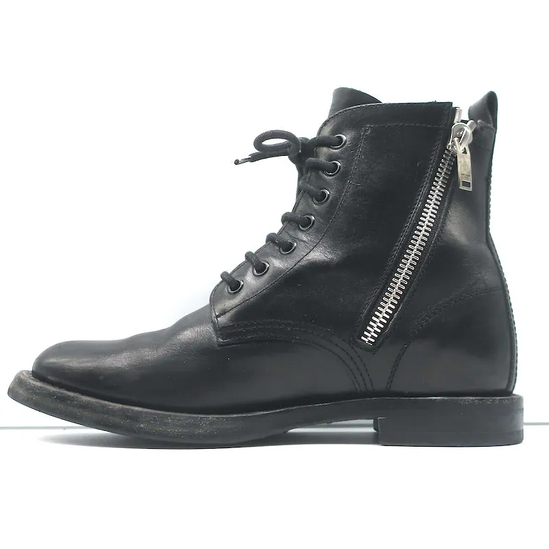 Saint Laurent Ranger Reißverschluss Kampfstiefel Schwarzes Leder Größe 38.5 Flache Knöchelstiefel