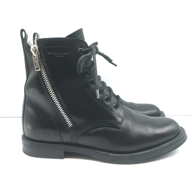 Saint Laurent Ranger Reißverschluss Kampfstiefel Schwarzes Leder Größe 38.5 Flache Knöchelstiefel