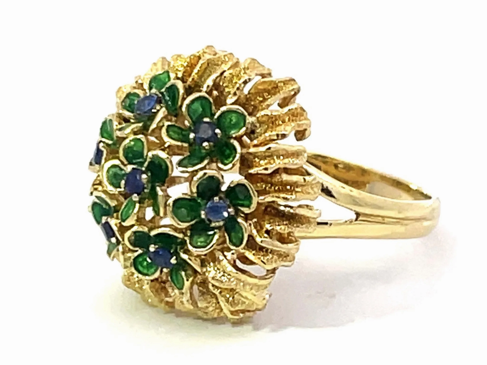 Sapphire Green Enamel Flowers Flower Ring Solid 18k Yellow Gold