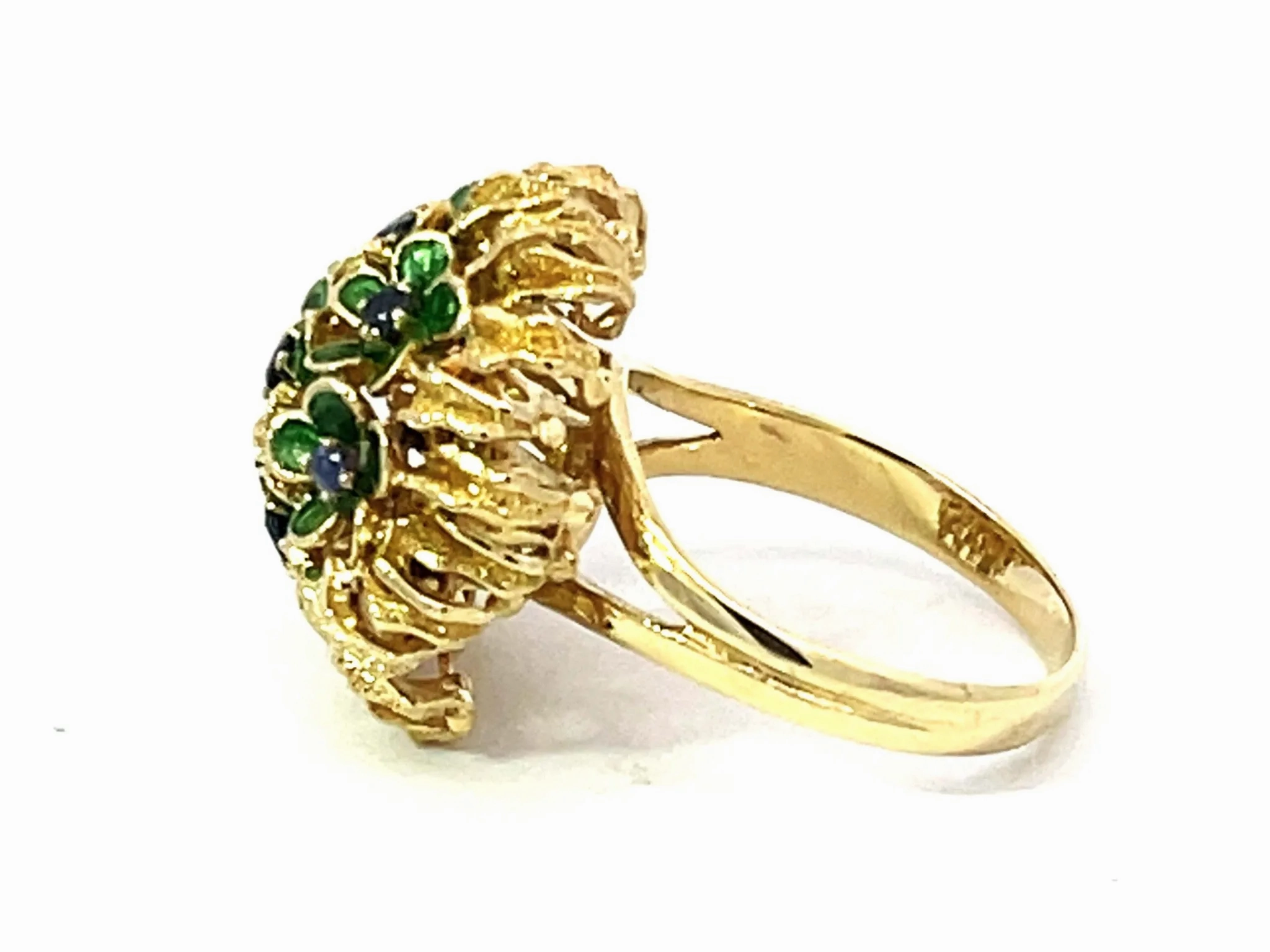 Sapphire Green Enamel Flowers Flower Ring Solid 18k Yellow Gold
