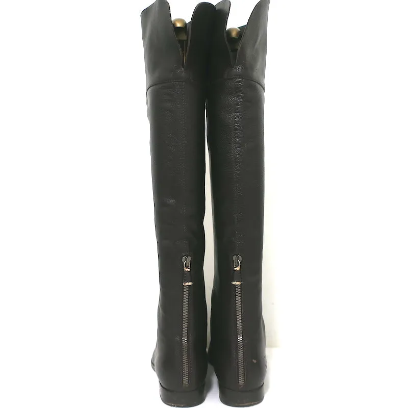 Sergio Rossi Over-the-Knee Flache Stiefel Dunkelbraun Geprägtes Leder Größe 37