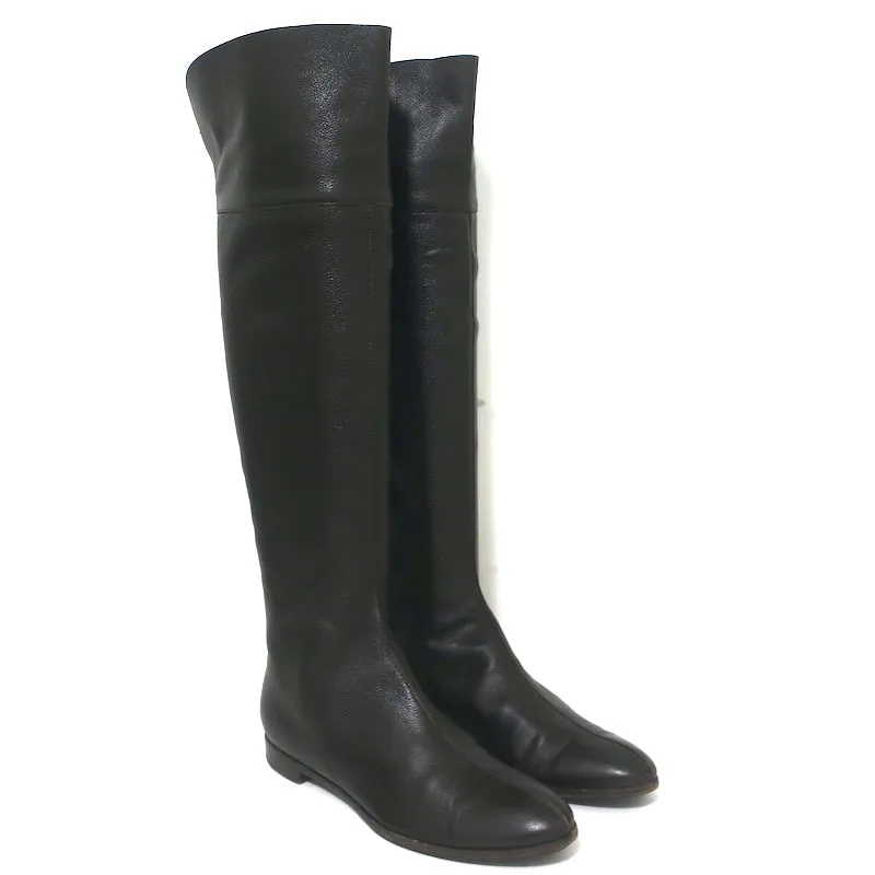 Sergio Rossi Over-the-Knee Flache Stiefel Dunkelbraun Geprägtes Leder Größe 37