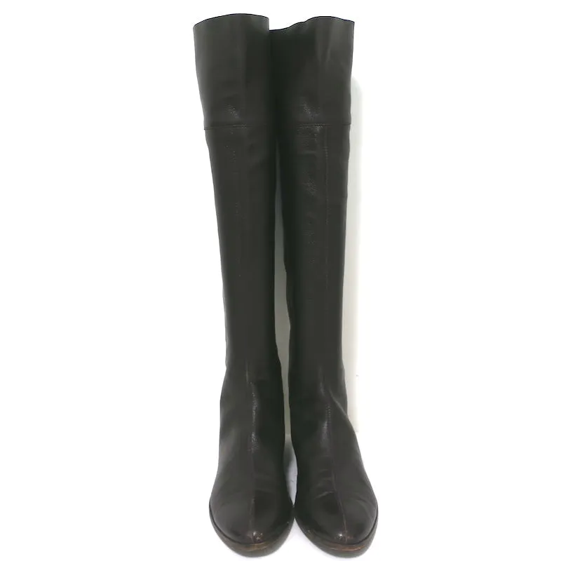 Sergio Rossi Over-the-Knee Flache Stiefel Dunkelbraun Geprägtes Leder Größe 37