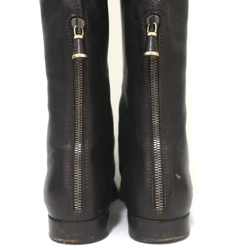 Sergio Rossi Over-the-Knee Flache Stiefel Dunkelbraun Geprägtes Leder Größe 37
