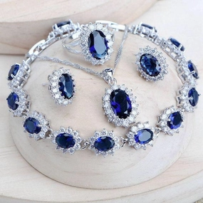 Silver 925 Women Bridal Jewelry Sets Blue Zirconia Costume 