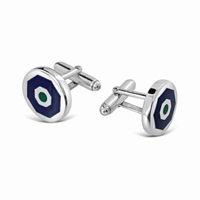 Silver & Blue & Green Enamel Round Cufflinks texture-silver-ornament  