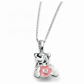 Silver & Pink Enamel Diamond Set Teddy Bear Pendant texture-silver-ornament  
