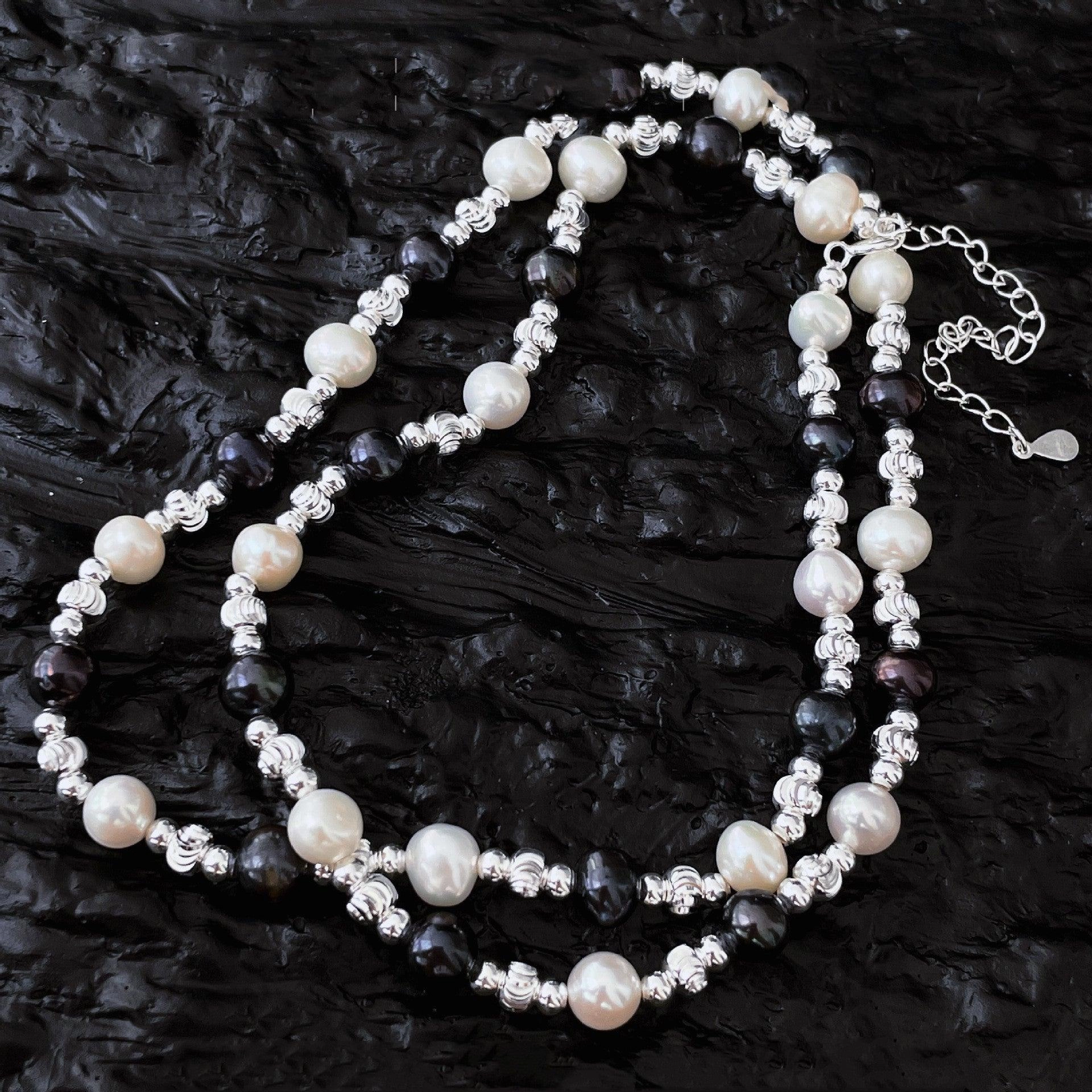 Silver Black And White Pearl Laser Bead Necklace 