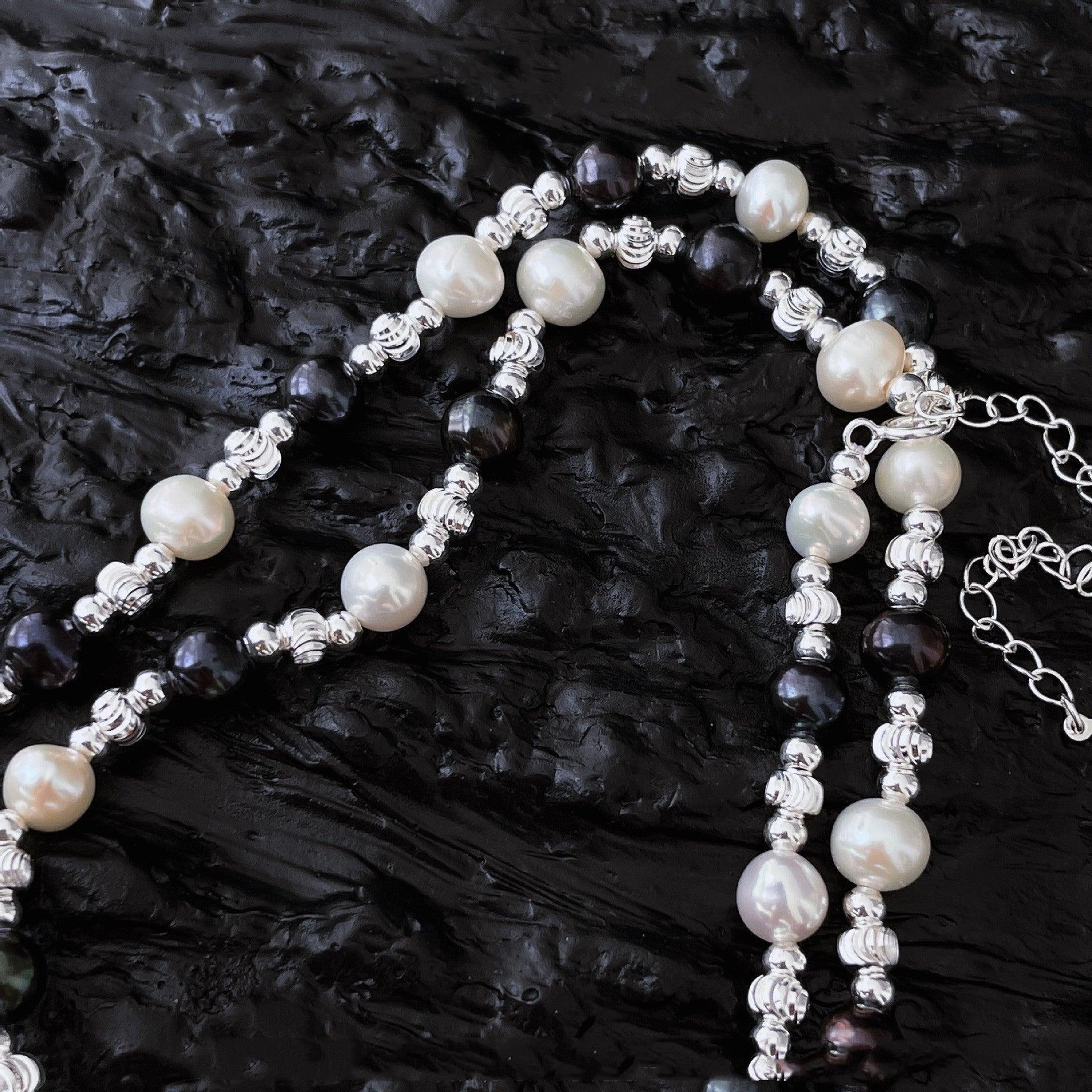Silver Black And White Pearl Laser Bead Necklace