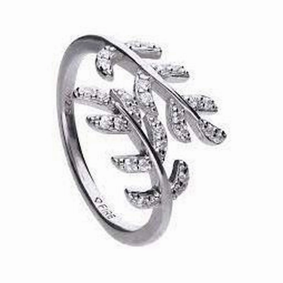 Silver Cubic Zirconia Set Leaf Crossover Ring, size K texture-silver-ornament  