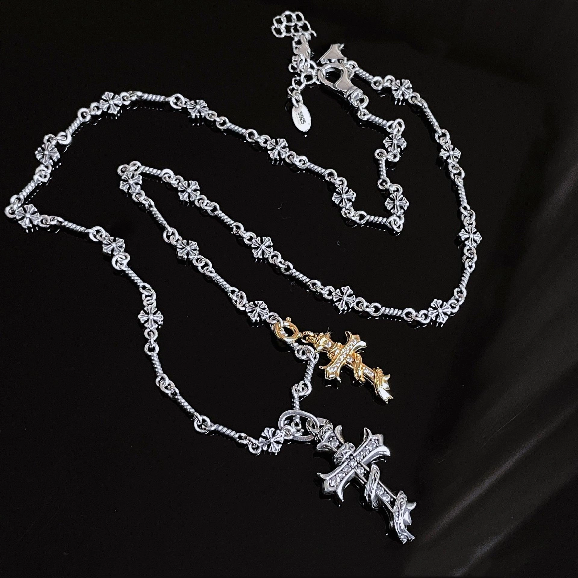 Silver Gold Silver Cross Pendant Detachable Bare Chain Necklace 