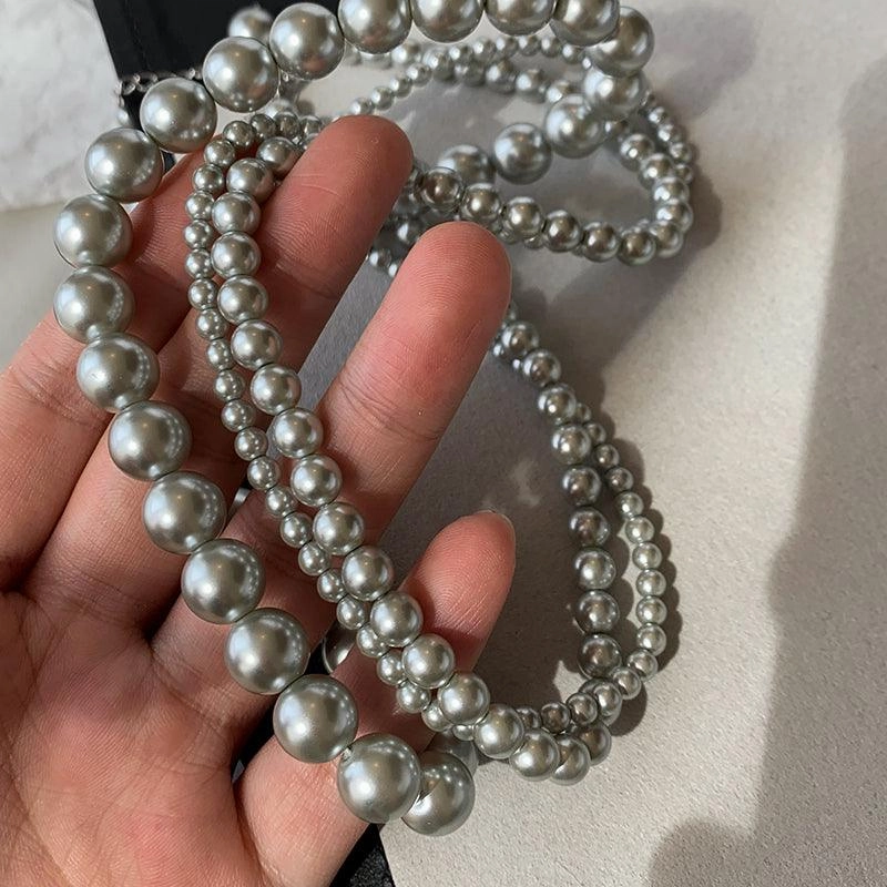 Silver Grey Round Pearl Sweater Chain New Women 