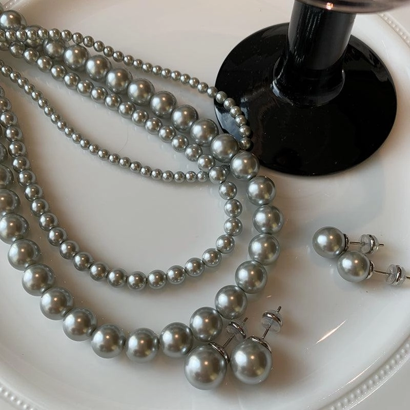 Silver Grey Round Pearl Sweater Chain New Women