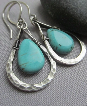 Silver Hammered Turquoise Drop Earrings texture-rose-gold  