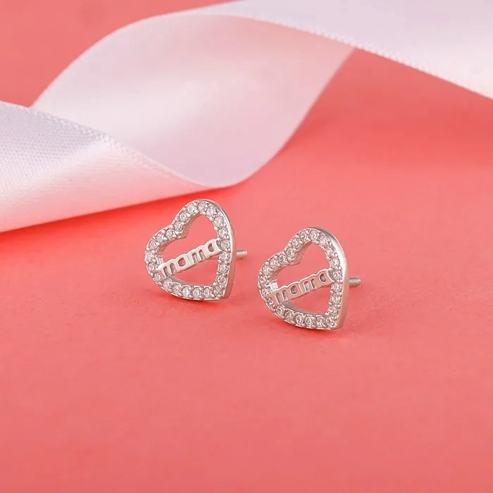 Silver Mother's Heart Stud Earrings