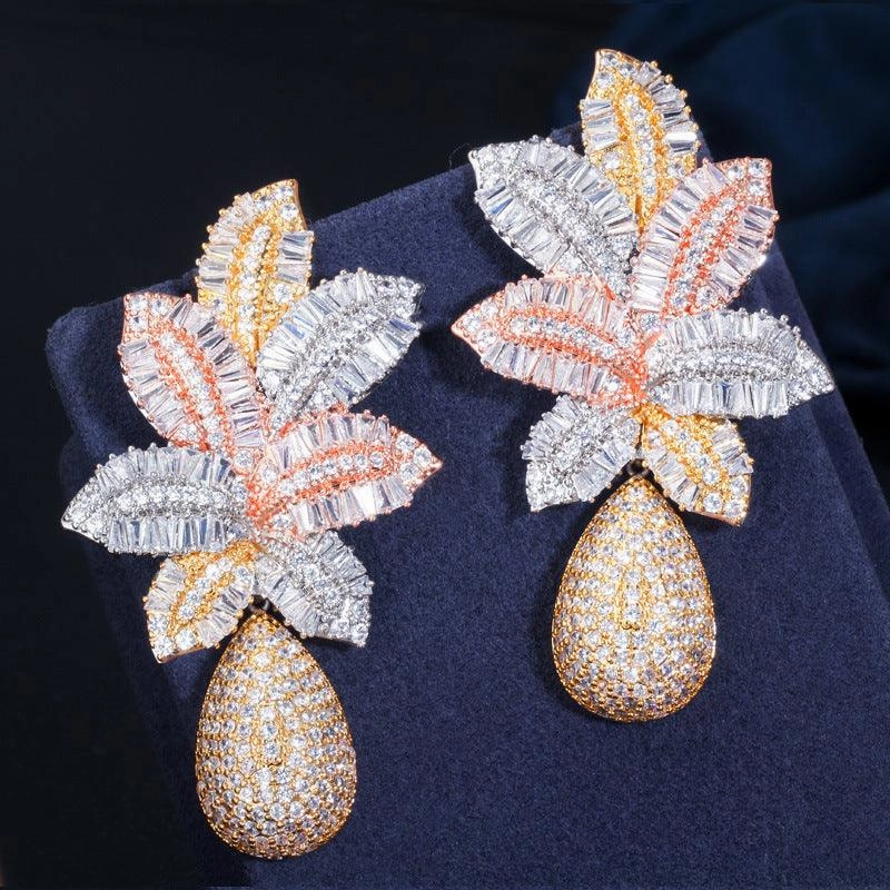 Silver Needle Gradient Cubic Zirconia Three-Color Electroplated Stud Earrings