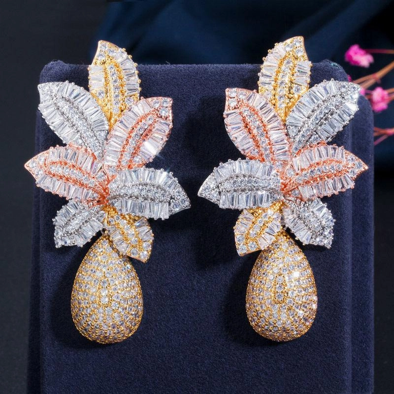 Silver Needle Gradient Cubic Zirconia Three-Color Electroplated Stud Earrings 