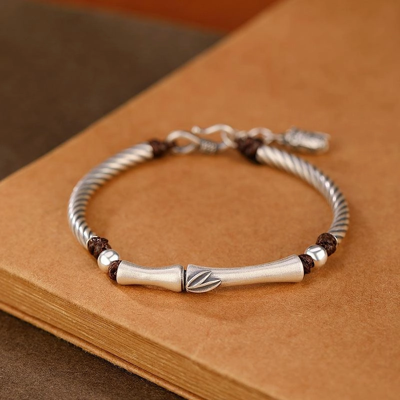 Silver S999 Full Silver Vintage Personality Slub Bamboo Leaf Bracelet