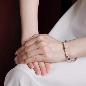 Silver S999 Full Silver Vintage Personality Slub Bamboo Leaf Bracelet 