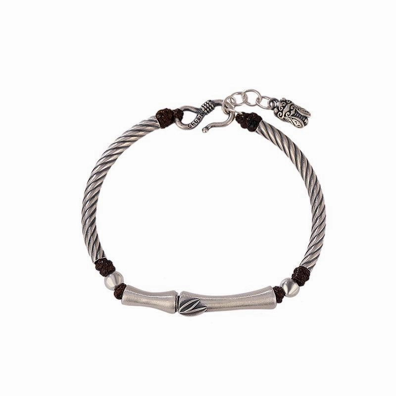 Silver S999 Full Silver Vintage Personality Slub Bamboo Leaf Bracelet