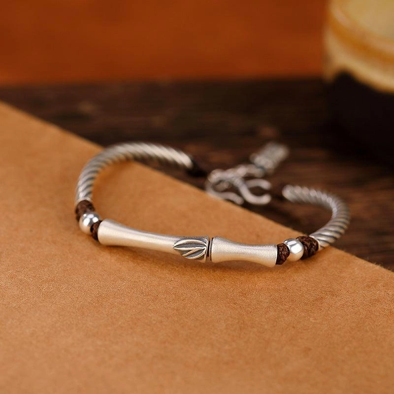 Silver S999 Full Silver Vintage Personality Slub Bamboo Leaf Bracelet