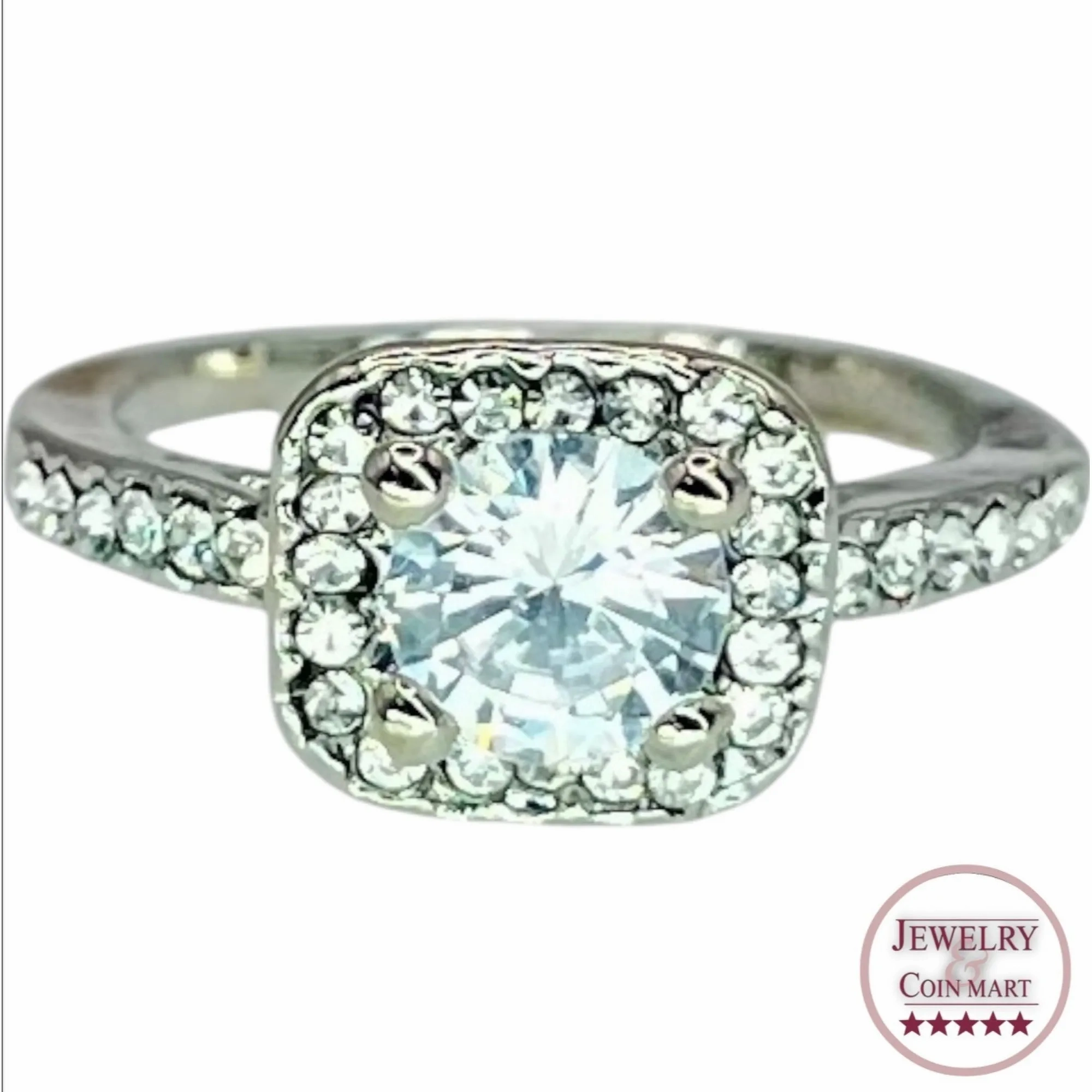 Silver Tone Round Cut Square Halo CZ Ring Size 6 Engagement Bridal