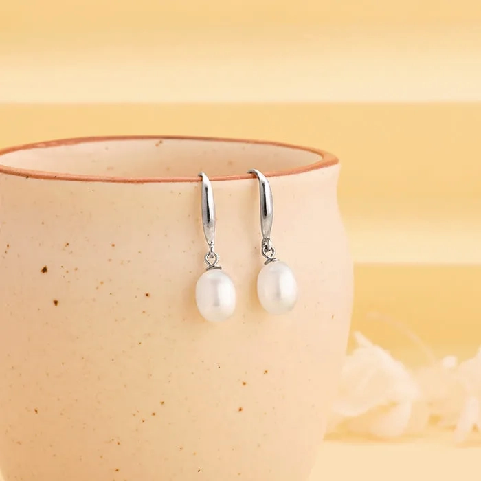 Silver White Pearl Drop Earrings