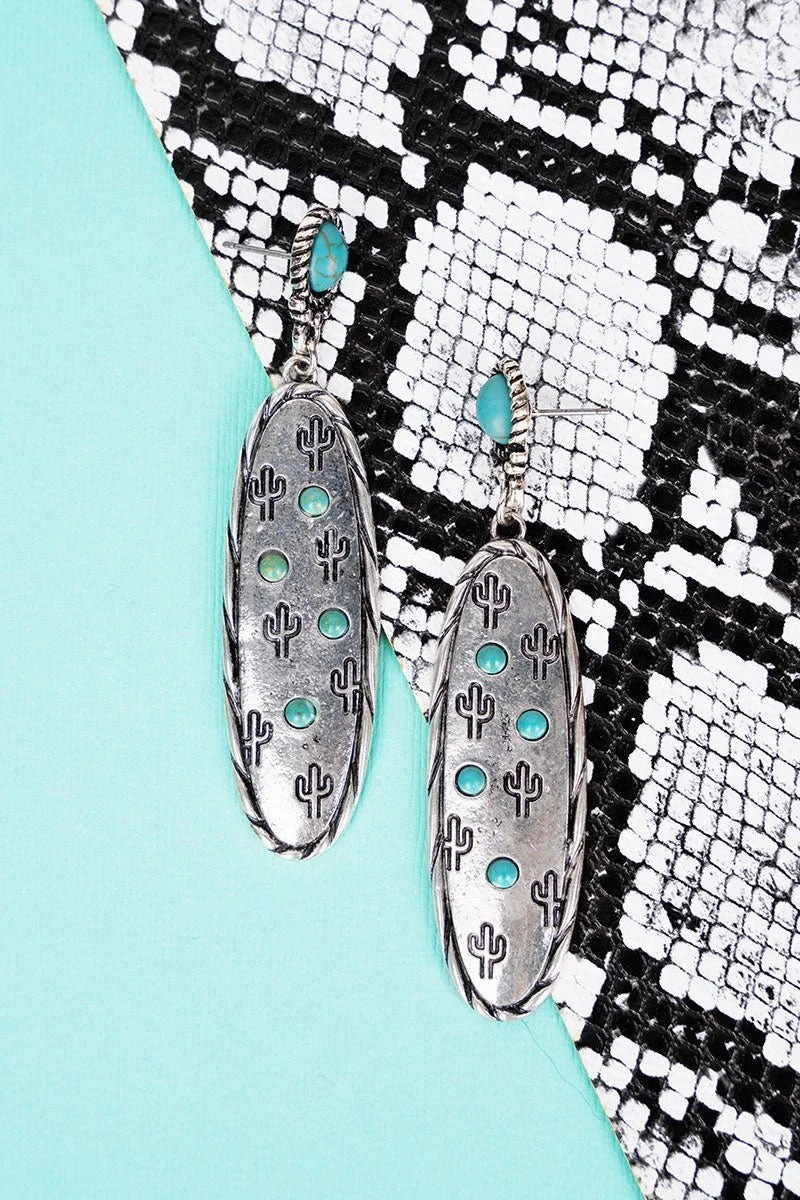 Silvertone and Turquoise Cactus Ridge Earrings texture-rose-gold  