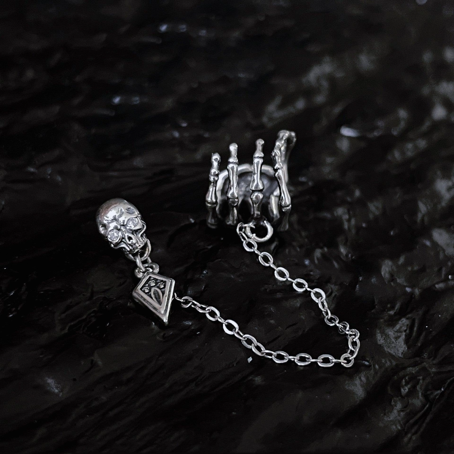 Single Silver Ghost Hand Skull Stud Earrings 