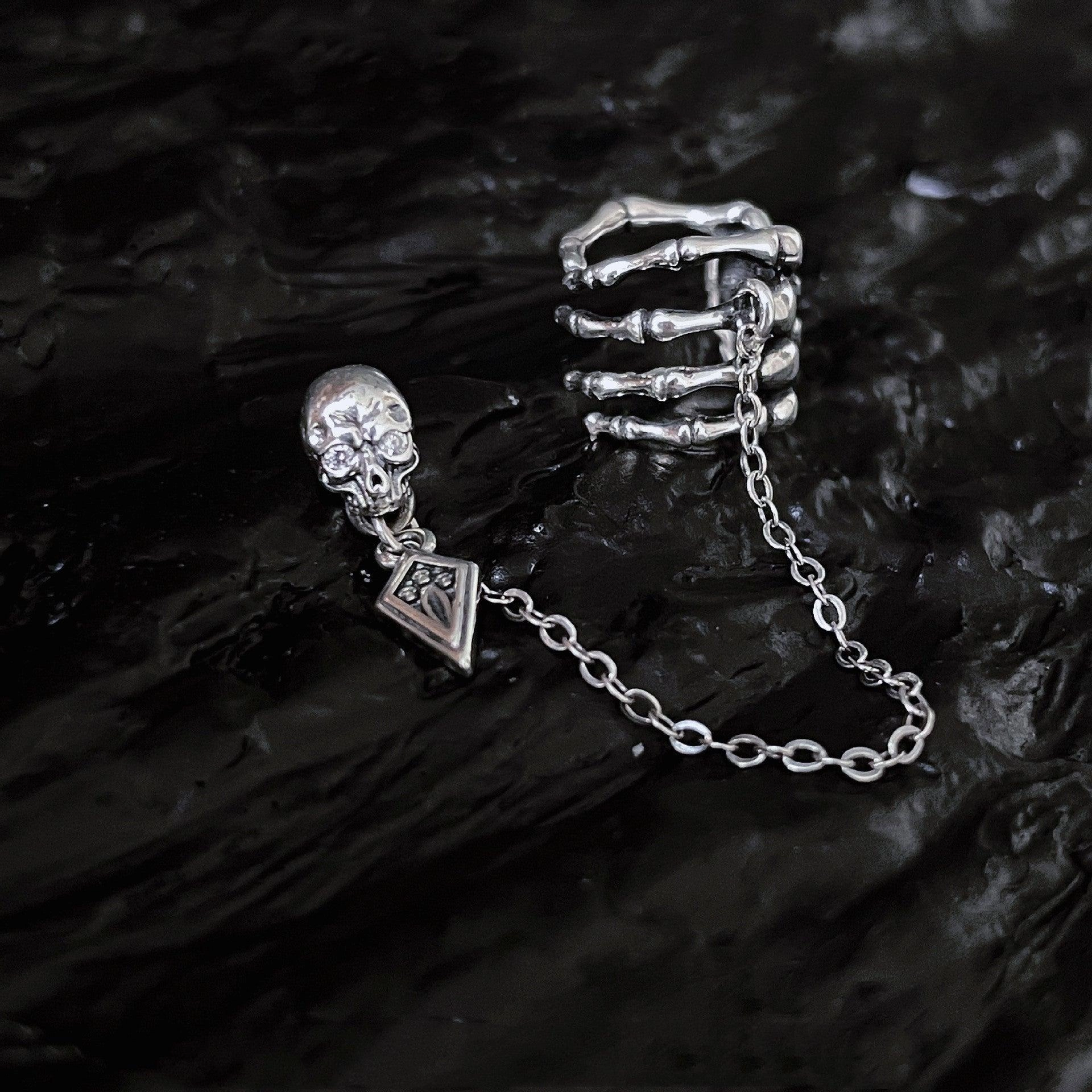 Single Silver Ghost Hand Skull Stud Earrings