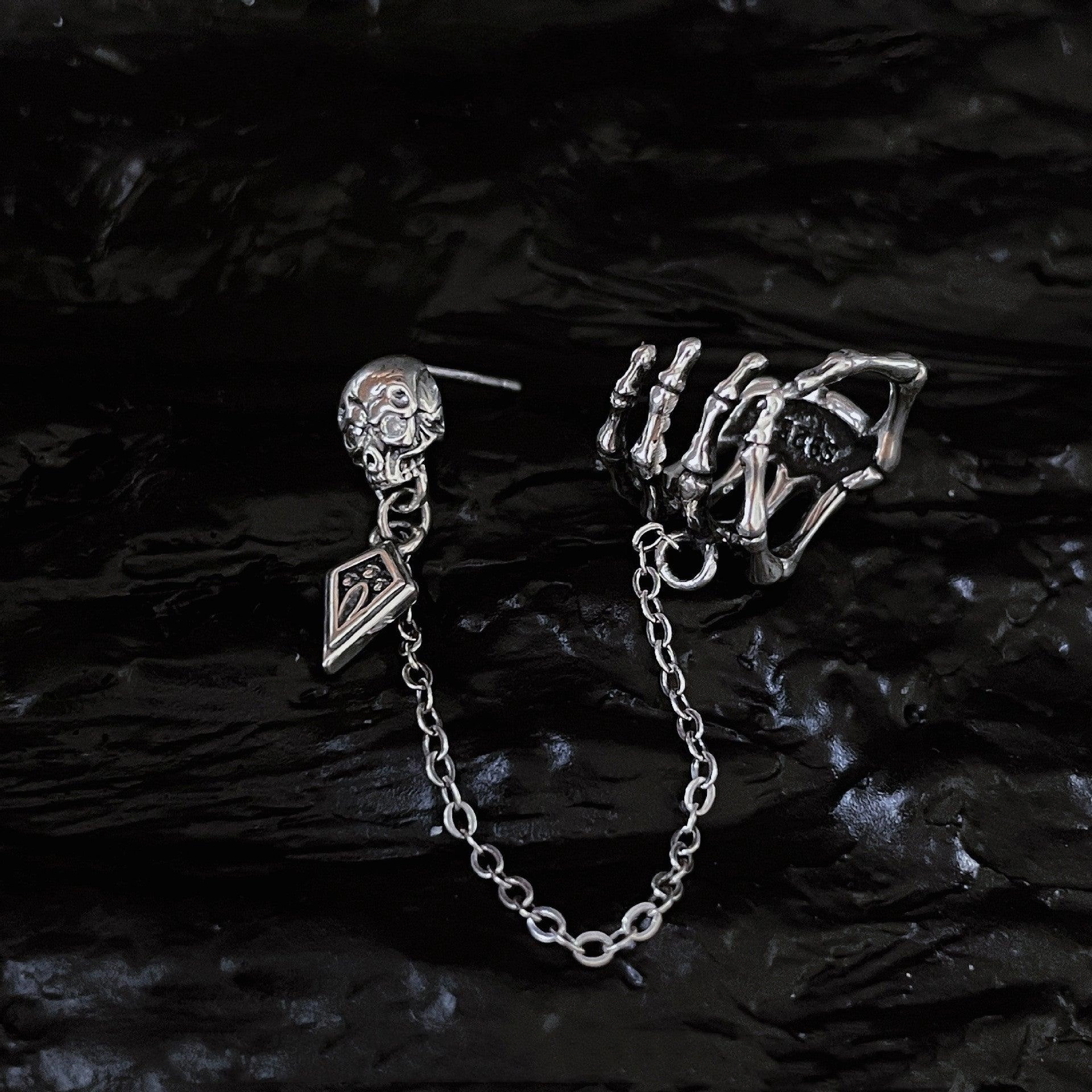 Single Silver Ghost Hand Skull Stud Earrings