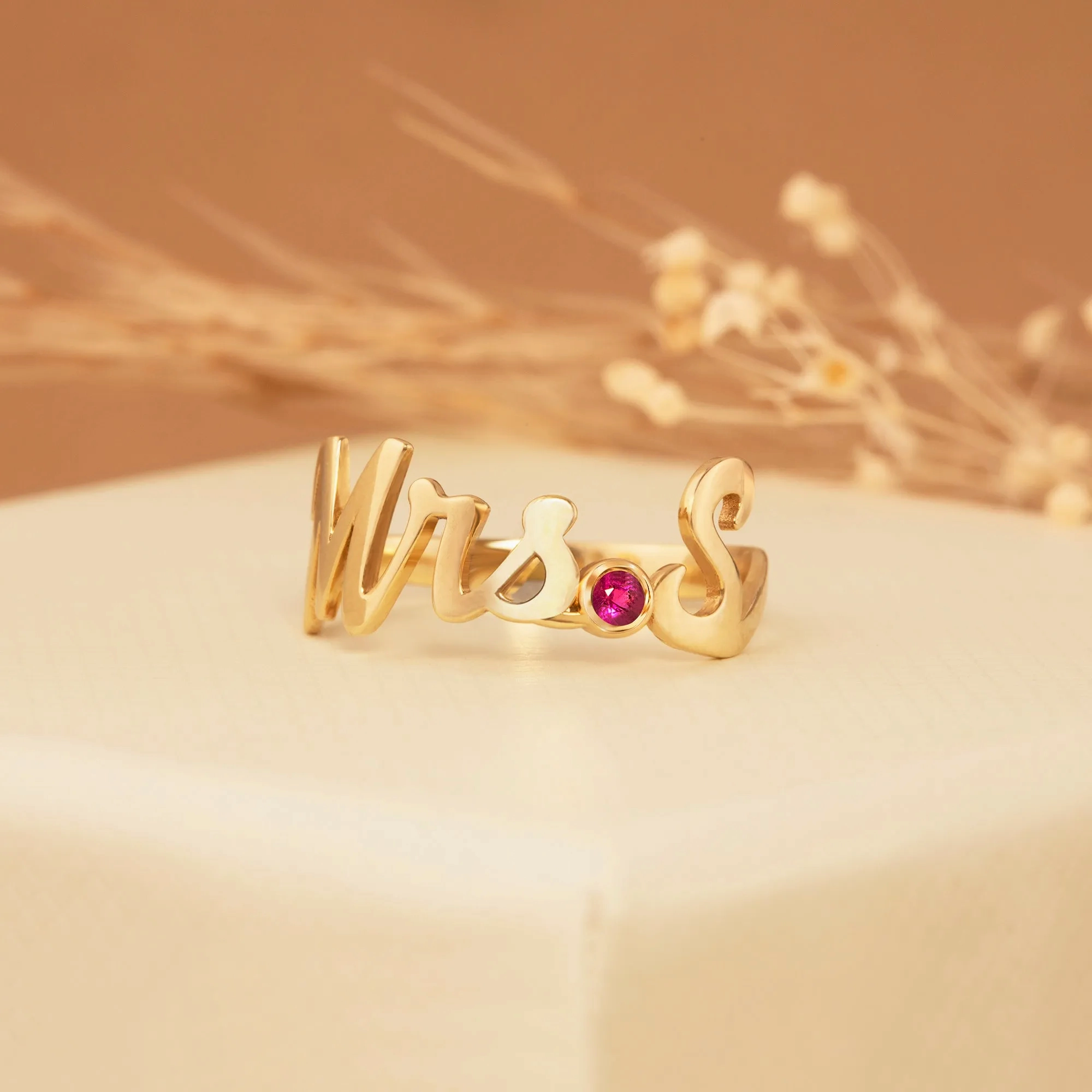 Solid Gold Mrs. Title and Initial Ring with Stone, Natasha
