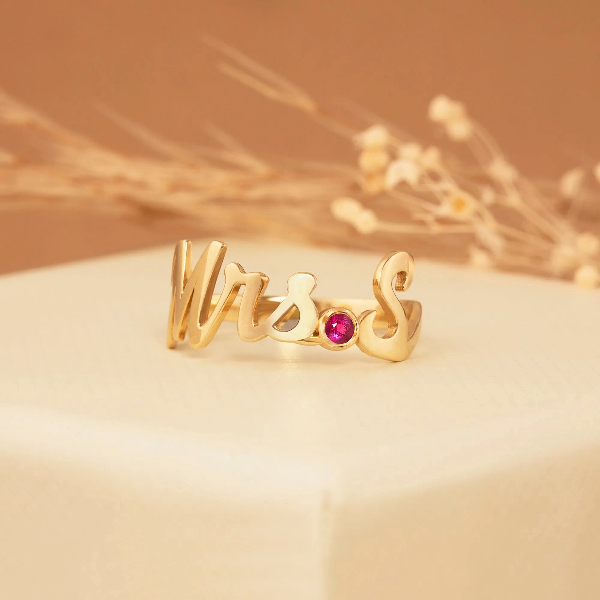 Solid Gold Mrs. Title and Initial Ring with Stone, Natasha
