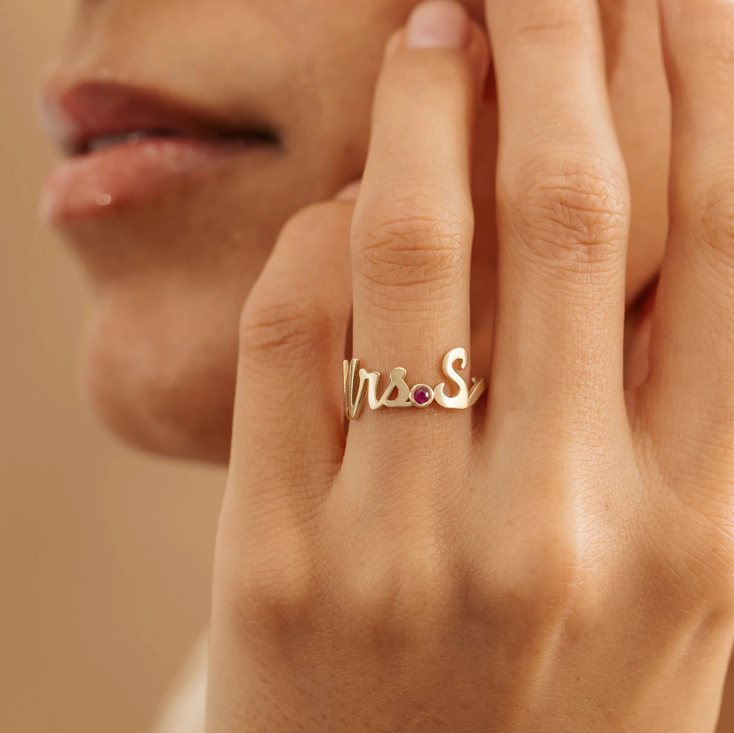 Solid Gold Mrs. Title and Initial Ring with Stone, Natasha