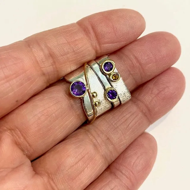 Square Stacking Blossom Ring with Colored Stones