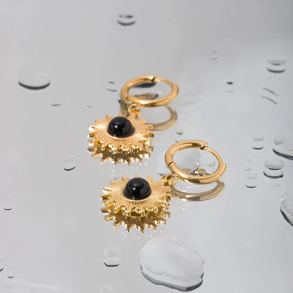 Stainless Steel 18K Gold Plated Black Agate Pendant Earrings