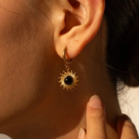 Stainless Steel 18K Gold Plated Black Agate Pendant Earrings 