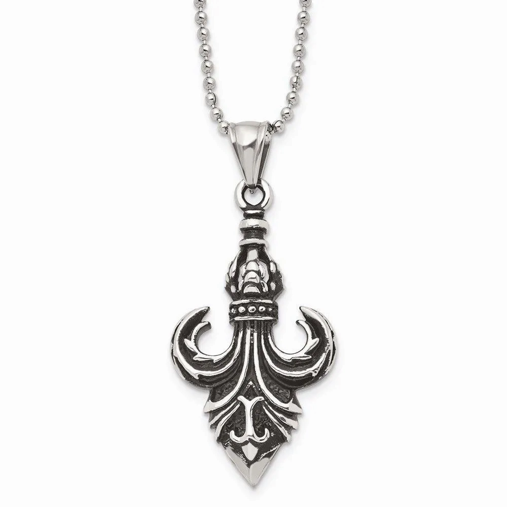 Stainless Steel Antiqued &amp; Polished Fleur de lis Necklace